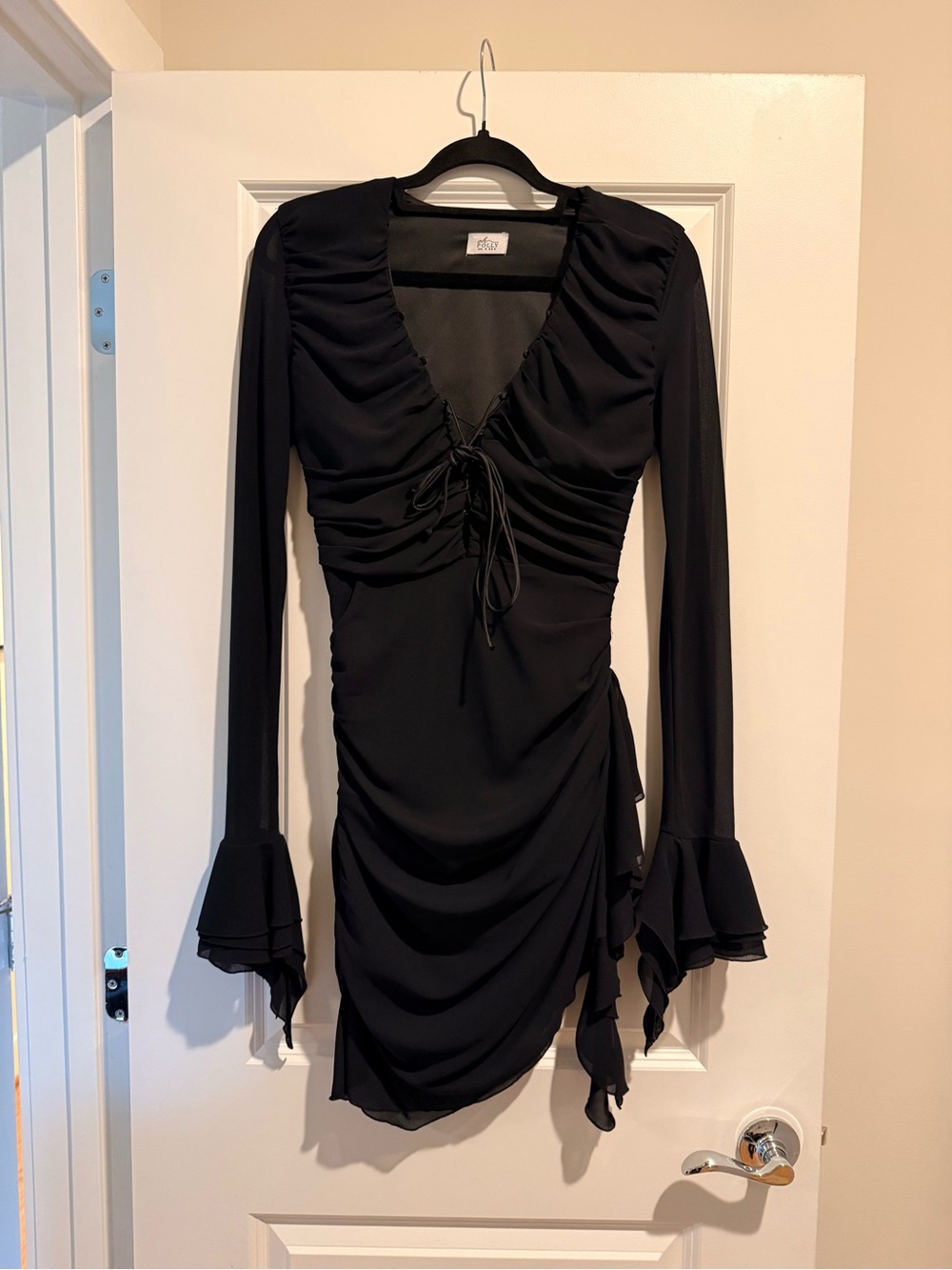 Oh Polly Black Ruched Long-Sleeve Mini Dress with Tie Front